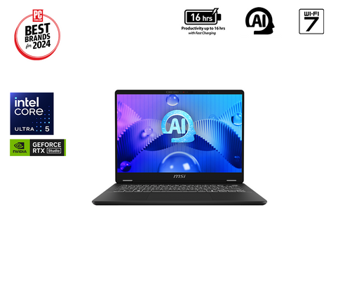 The Prestige 14 AI Studio C1U is MSI's thin and light productivity laptop, featuring an Intel Ultra 5 processor and an NVIDIA RTX Studio laptop GPU. Built with a solid magnesium alloy chassis, this laptop is perfect for video editing and light gaming on-the-go